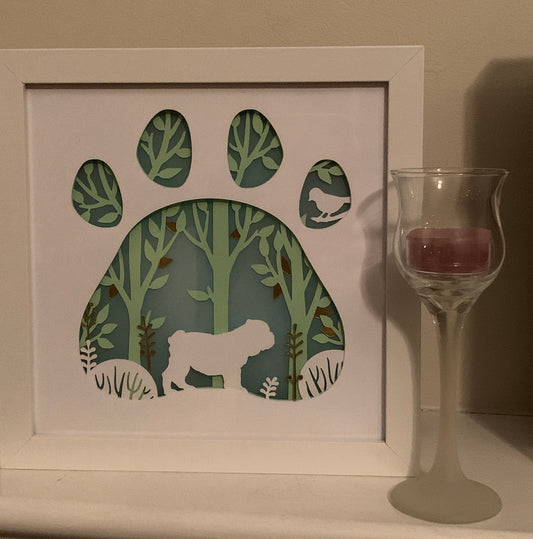 English Bulldog Lighted Shadow Box: Paw Print Home Decor (8x8)