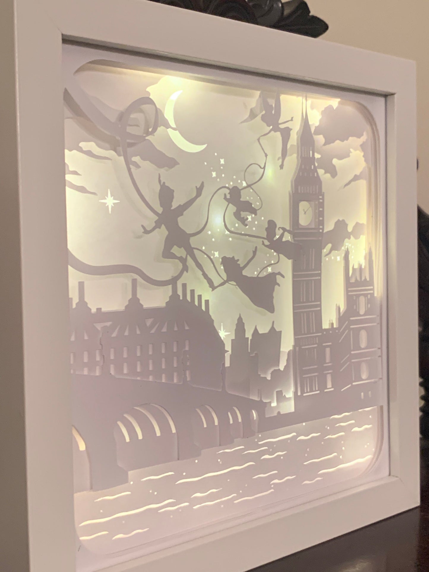 Peter Pan, Tinkerbell and the children, Neverland, Lightbox lighted shadow box frame , light lamp, bedroom decor, great for nursery