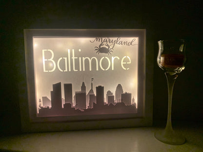 Baltimore Maryland Lightbox Shadow Box: City Skyline LED Wall Decor