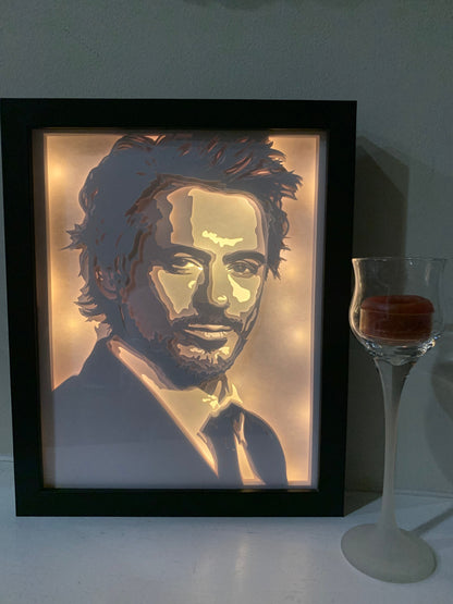 Robert Downey Jr, Ironman,  Marvel super hero, Lightbox lighted shadow box, light lamp, bedroom decor, 8 x 10, unique, great Gift!