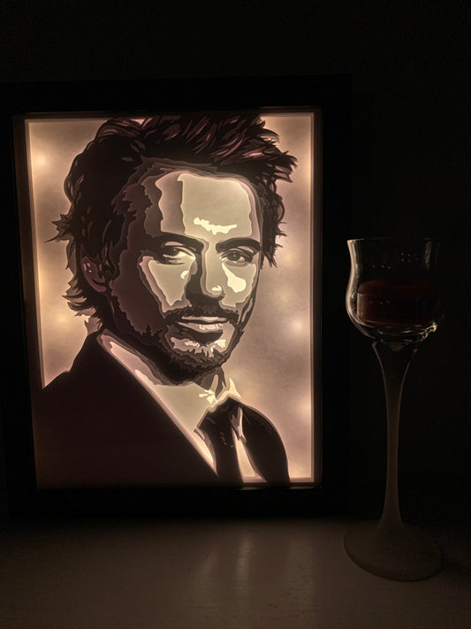 Robert Downey Jr, Ironman,  Marvel super hero, Lightbox lighted shadow box, light lamp, bedroom decor, 8 x 10, unique, great Gift!