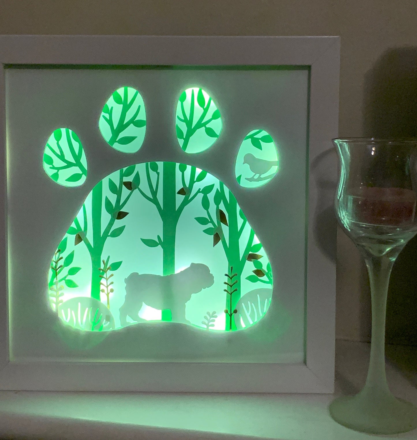 English Bulldog Lighted Shadow Box: Paw Print Home Decor (8x8)