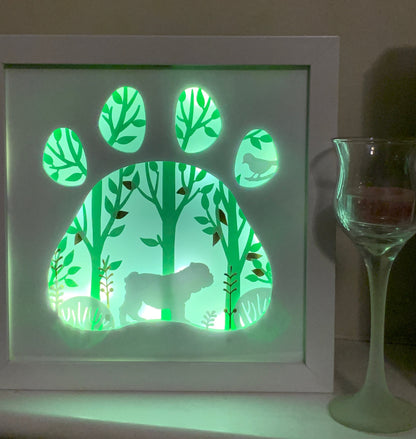 English Bulldog Lighted Shadow Box: Paw Print Home Decor (8x8)
