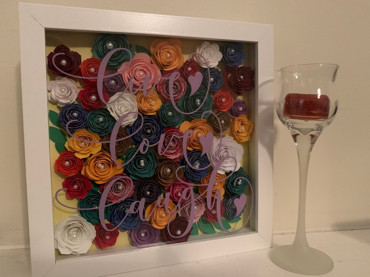 Live, Love, Laugh Paper Flower Shadow Box: Pearl Accents, 8x8 Frame