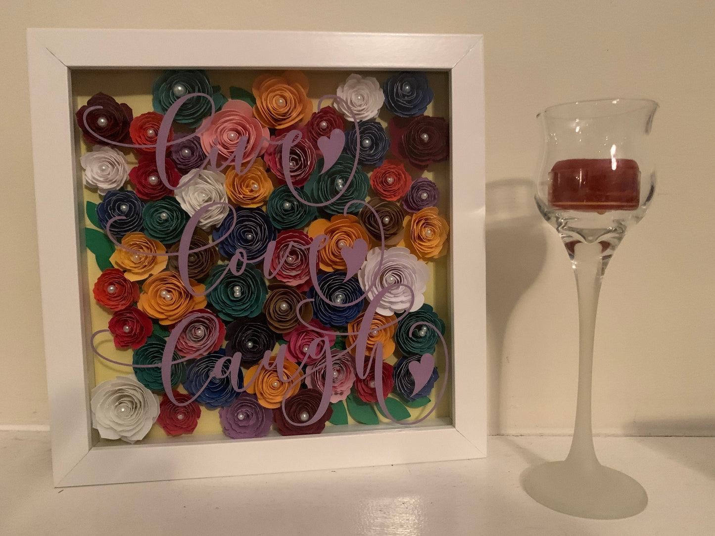 Live, Love, Laugh Paper Flower Shadow Box: Pearl Accents, 8x8 Frame