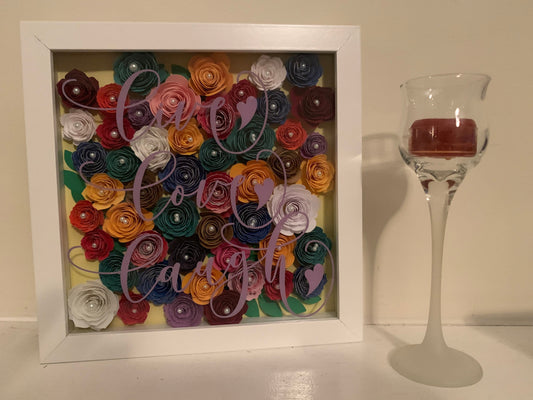 Live, Love, Laugh Paper Flower Shadow Box: Pearl Accents, 8x8 Frame