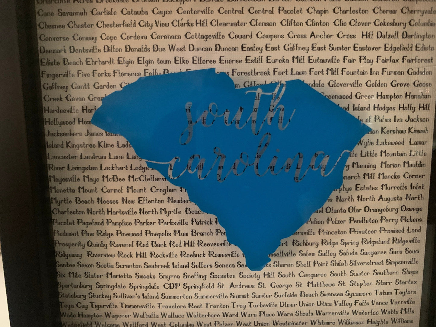South Carolina Shadow Box Art: State Map & City Names