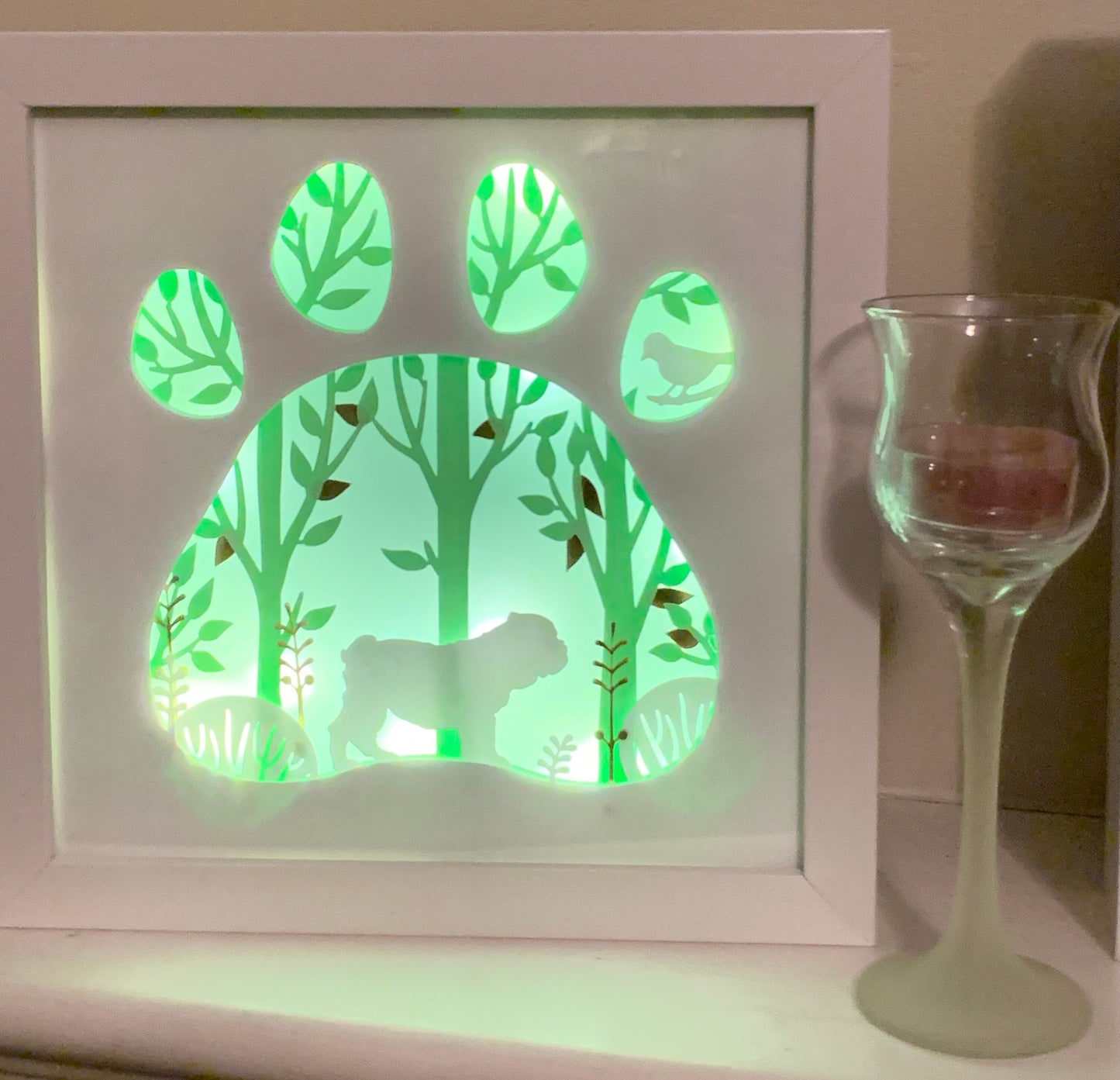 English Bulldog Lighted Shadow Box: Paw Print Home Decor (8x8)