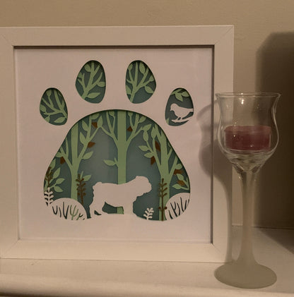 English Bulldog Lighted Shadow Box: Paw Print Home Decor (8x8)