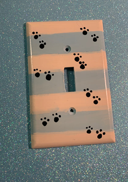 Hand-Painted Paw Print Light Switch Cover: Blue Stripes
