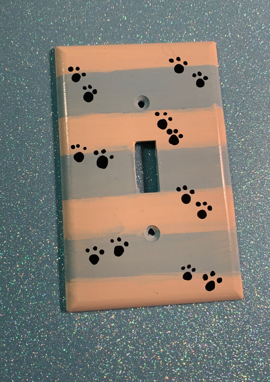 Hand-Painted Paw Print Light Switch Cover: Blue Stripes