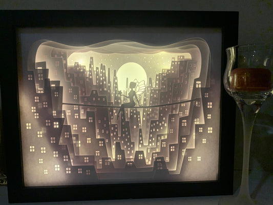 Peter Pan, Tinkerbell in the City, fairy in the city, Lightbox lighted shadow box frame , light lamp, bedroom decor, great for birthday gift
