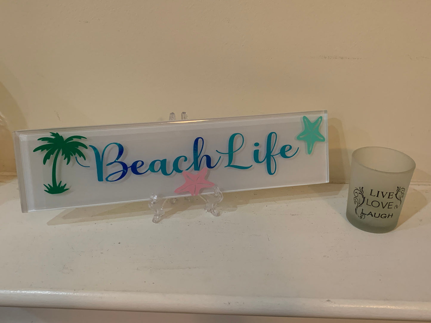 Beach Life Glass Plate Plaque: Coastal Decor (Includes Stand)