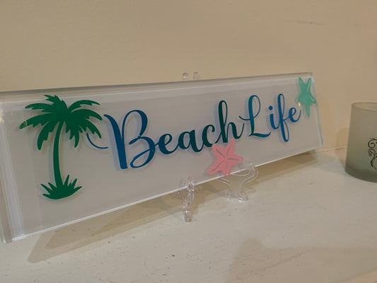 Beach Life Glass Plate Plaque: Coastal Decor (Includes Stand)