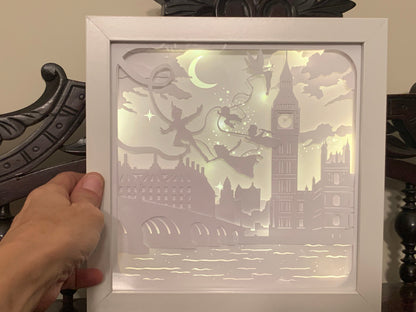 Peter Pan, Tinkerbell and the children, Neverland, Lightbox lighted shadow box frame , light lamp, bedroom decor, great for nursery