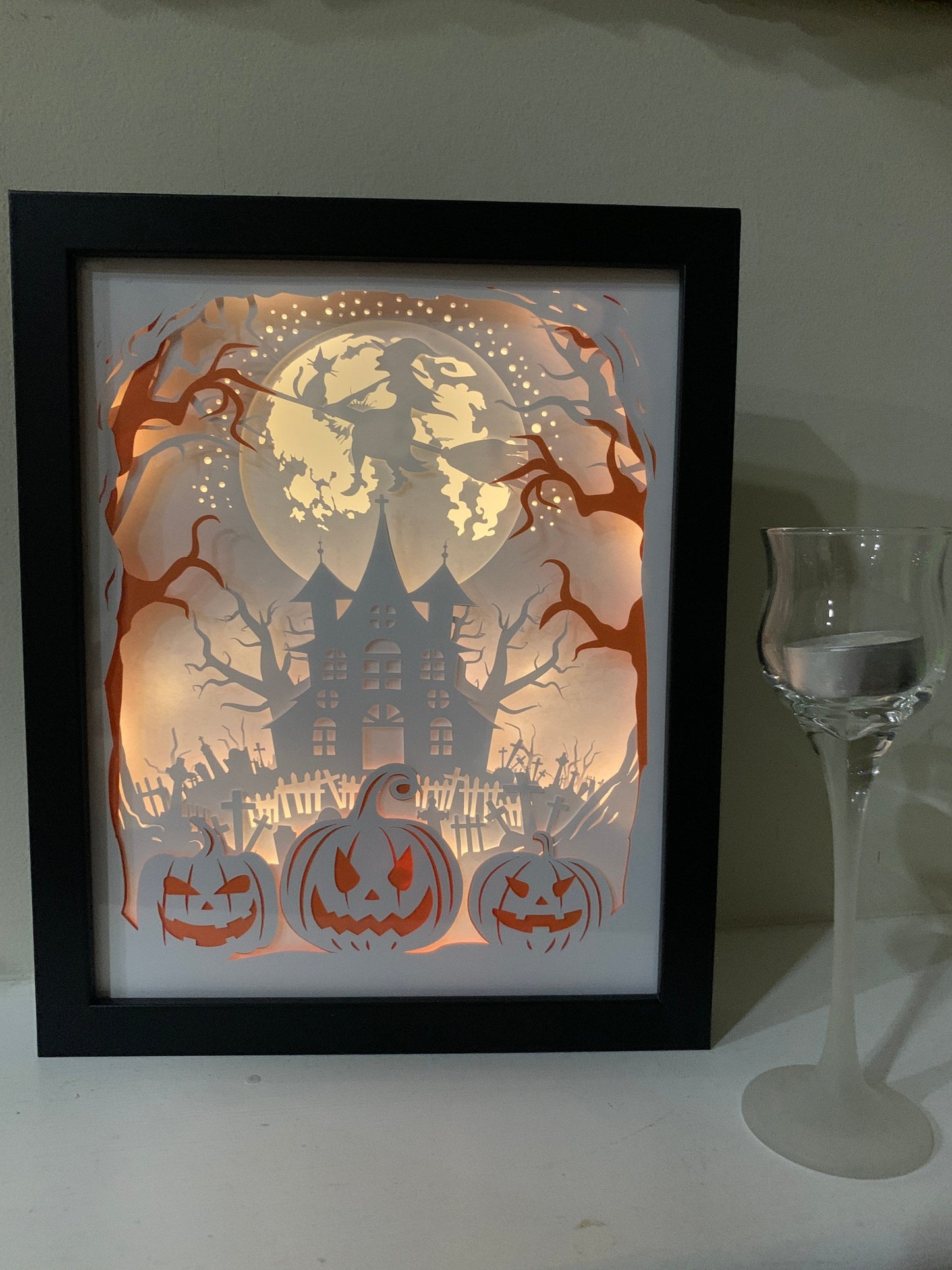 Halloween Shadow Box: Lighted Haunted House & Pumpkins Decor