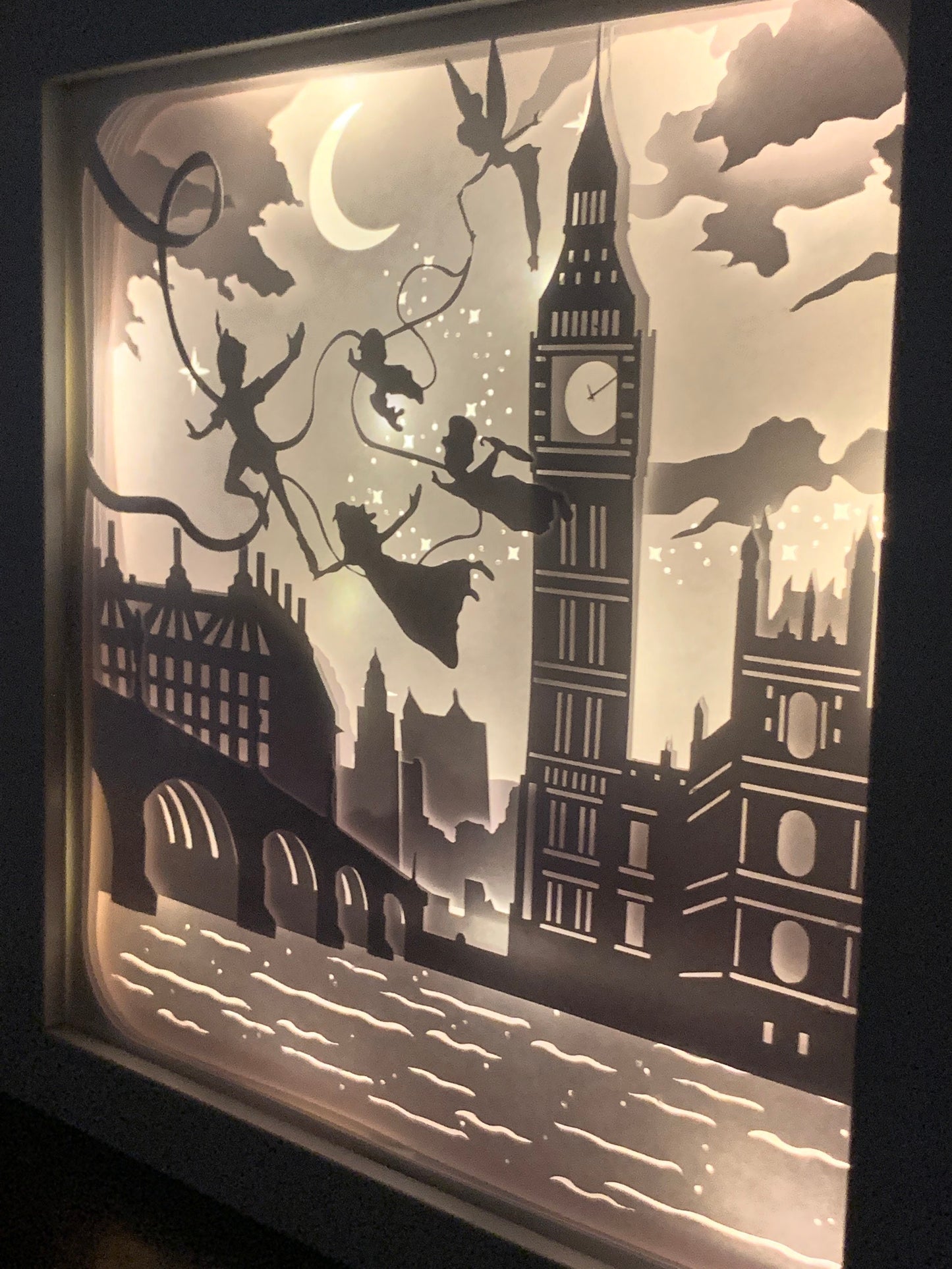 Peter Pan, Tinkerbell and the children, Neverland, Lightbox lighted shadow box frame , light lamp, bedroom decor, great for nursery