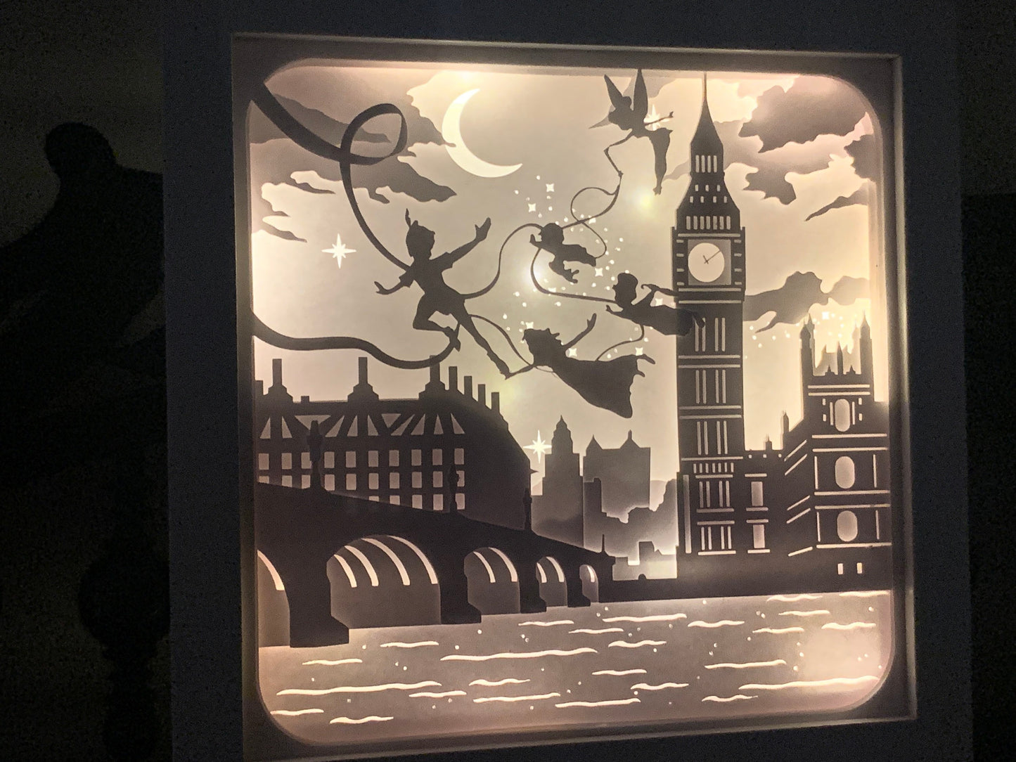 Peter Pan, Tinkerbell and the children, Neverland, Lightbox lighted shadow box frame , light lamp, bedroom decor, great for nursery