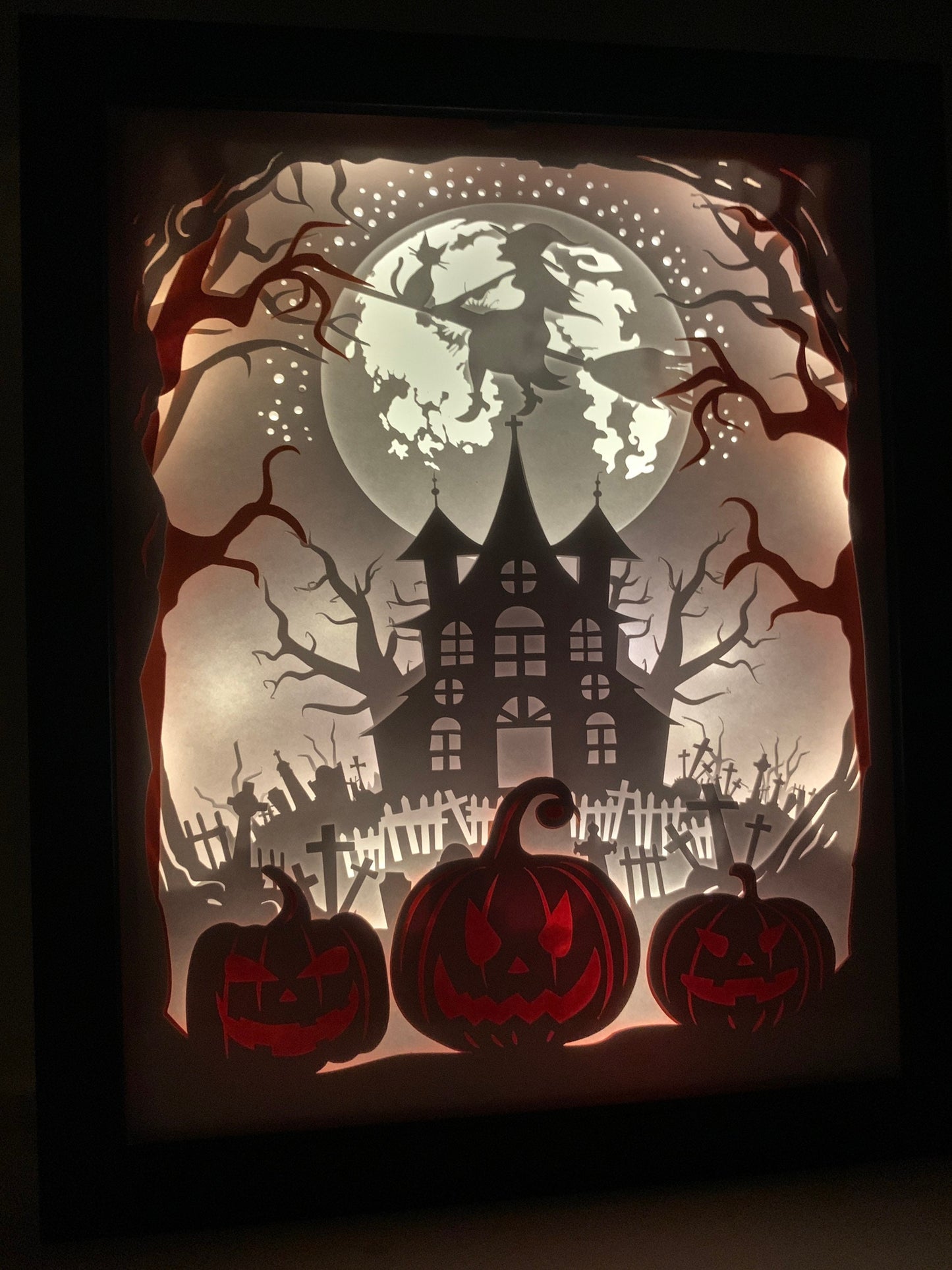 Halloween Shadow Box: Lighted Haunted House & Pumpkins Decor