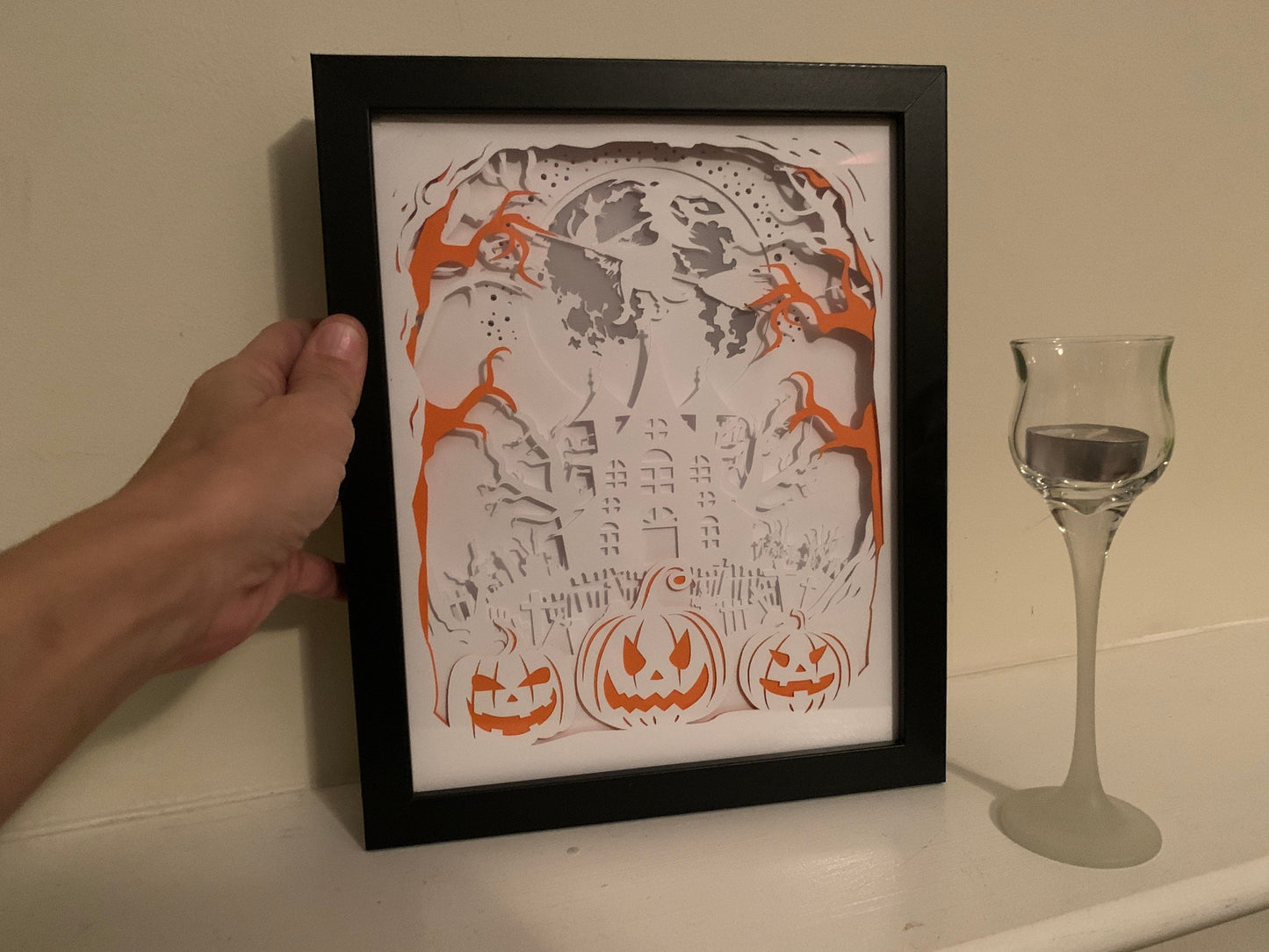 Halloween Shadow Box: Lighted Haunted House & Pumpkins Decor