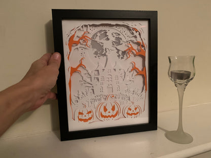 Halloween Shadow Box: Lighted Haunted House & Pumpkins Decor