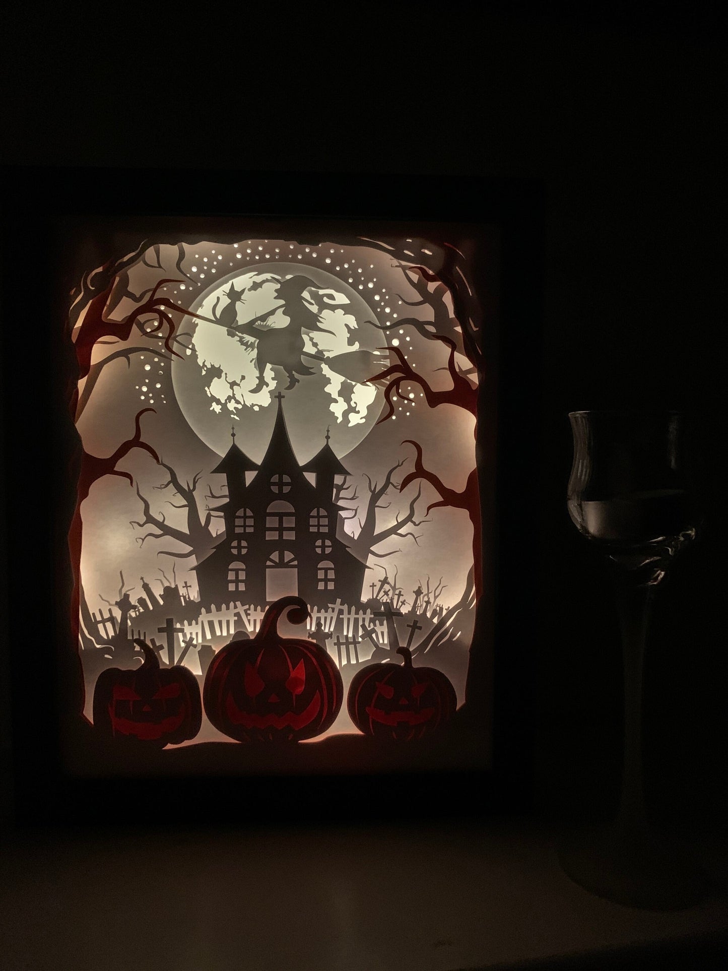 Halloween Shadow Box: Lighted Haunted House & Pumpkins Decor