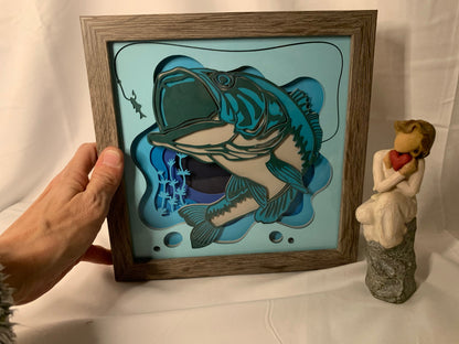 Big Mouth Bass Shadow Box: Layered Fisherman Art (8"x8")