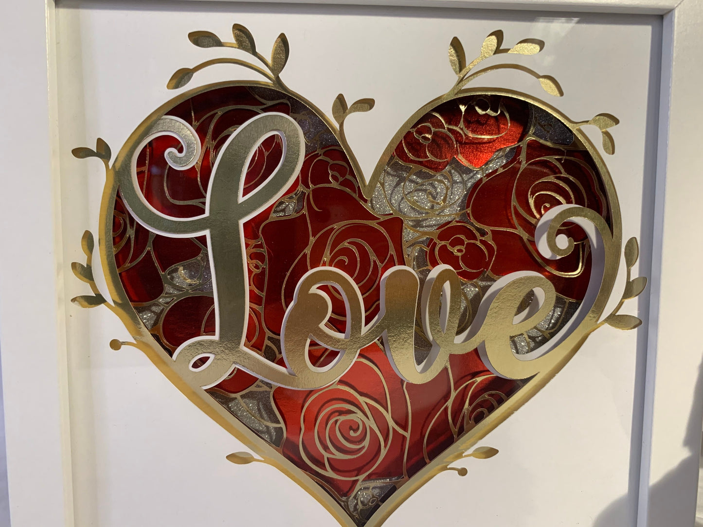 Layered Roses Heart Shadow Box: Gold & Red 'Love' Paper Flowers