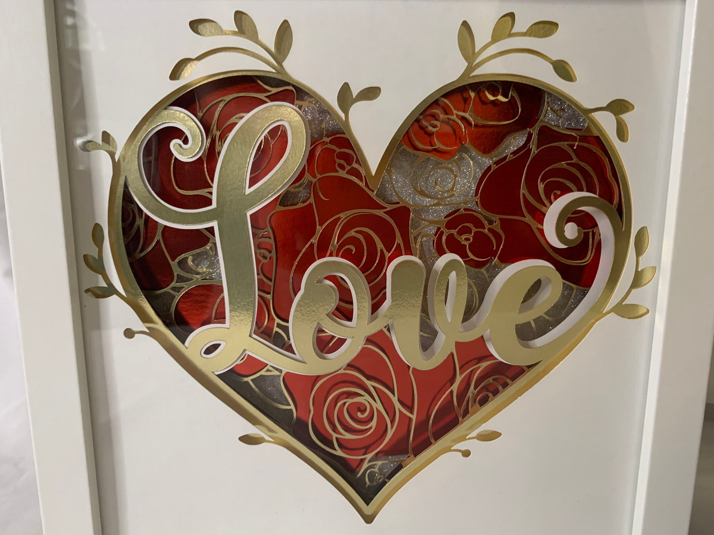 Layered Roses Heart Shadow Box: Gold & Red 'Love' Paper Flowers