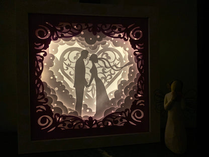 Wedding Couple Shadow Box: LED Lit, Customizable Colors
