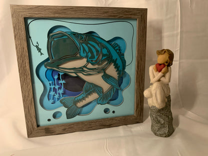 Big Mouth Bass Shadow Box: Layered Fisherman Art (8"x8")