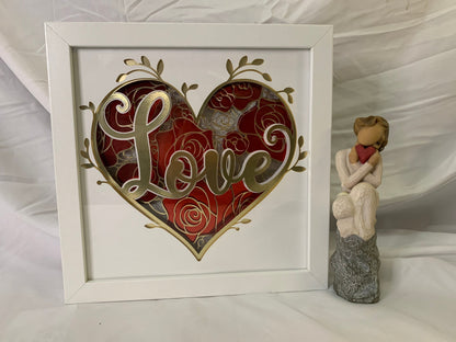 Layered Roses Heart Shadow Box: Gold & Red 'Love' Paper Flowers