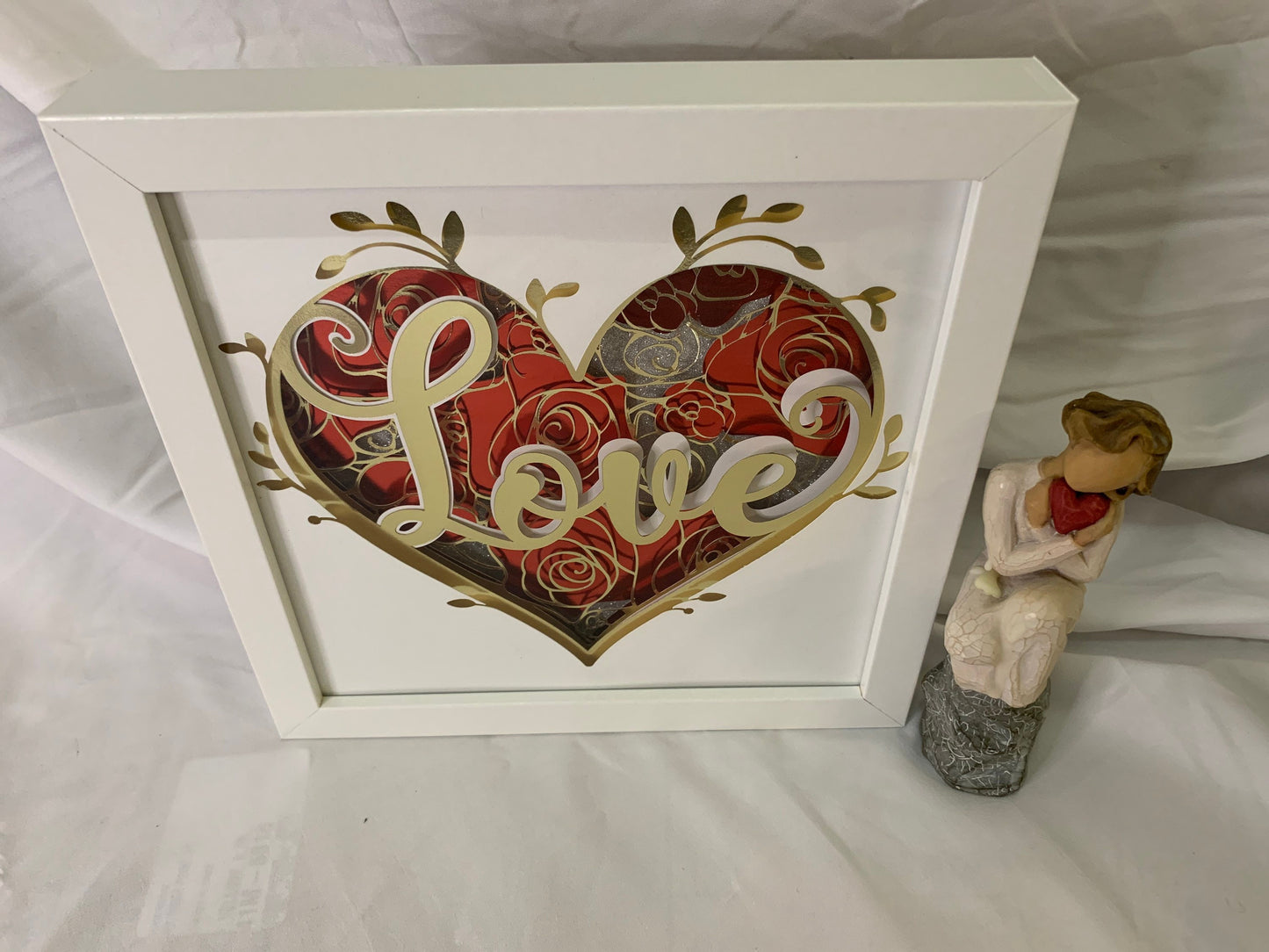 Layered Roses Heart Shadow Box: Gold & Red 'Love' Paper Flowers
