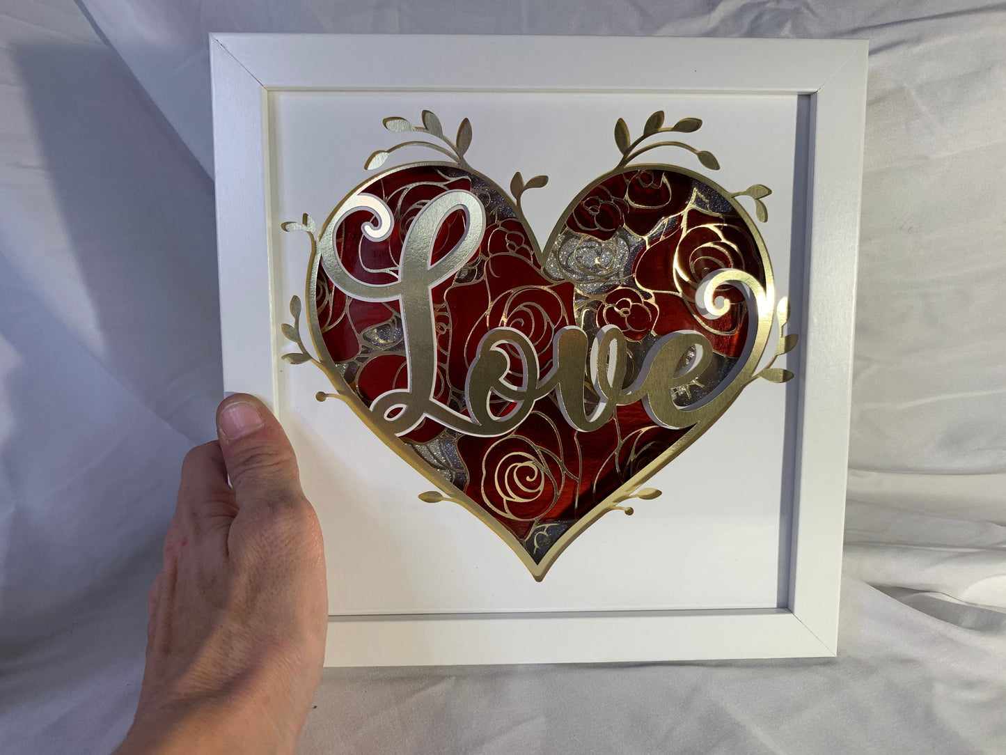 Layered Roses Heart Shadow Box: Gold & Red 'Love' Paper Flowers