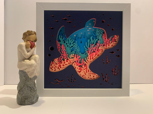 Sea Turtle Shadow Box: Ocean Coral Wall Art (8” X 8”)