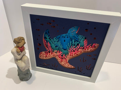 Sea Turtle Shadow Box: Ocean Coral Wall Art (8” X 8”)
