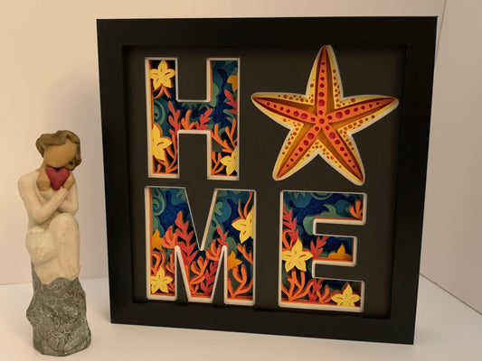 HOME frame, Starfish frame, Decorative Shadow Box Shadowbox Frame, decor. Great gift!  Beach life home decor, gift for wife girlfriend