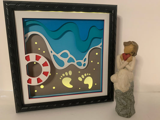 Beach Footprints LED Shadow Box: Coastal Home Decor (8” X 8”)
