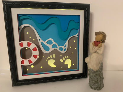 Beach Footprints LED Shadow Box: Coastal Home Decor (8” X 8”)