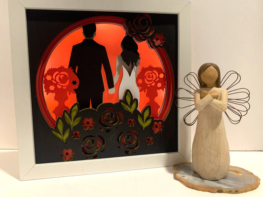 Wedding Couple, Black and Red Rose, Decorative Shadow Box, Shadowbox Frame, Unique Gift for Wedding Bride or Groom! Choose your Colors!