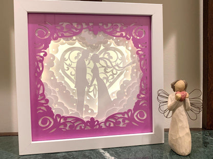 Wedding Couple Shadow Box: LED Lit, Customizable Colors